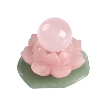 1pc Naravni Kristalni Cvet Pink Rose Quartz Lotus z Žogo in Zeleno Aventurine Jade Listov za Obrt
