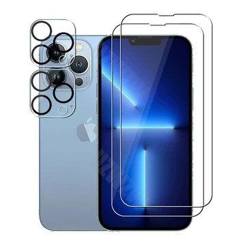 (2+2) Za iPhone 14 Plus 13 12 Mini 11 Pro Max (2pcs), Kaljeno Steklo Telefon Zaščitnik Zaslon in (2pcs) 3D Objektiv Kamere na Film