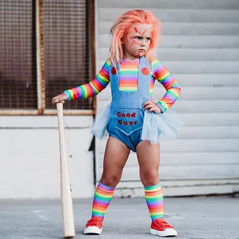 2022 1to8Y Baby Girl Obleke, Kompleti 3pcs T-majice+Denim Jumpsuits Nogavica Chucky Lutka Chirld Nastavite Cosplay Halloween Kostumi Za Otroke