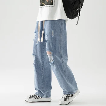 2022 Moških Ulica vrečasta jeansripped hlače Križ hip hop Novo Mens Nepakirana Jeans Hlače barva Ženske prevelik naravnost Kavbojke