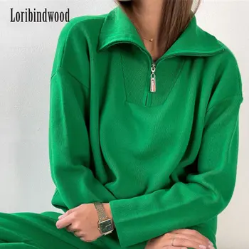 2022 Nove Ženske Zelena Ženska Zip Puloverji Modni Ženski Priložnostne Polo Vratu Trdna Prevelik Puloverji Pletene Džemper Pozimi Vrhovi