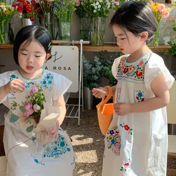 2022 Poletje Baby Deklet, Sester, Bombažne Obleke Vezenje Cvetlični, Ki Plujejo Pod Rokav Korejski Slog Otrok Princesa Obleko