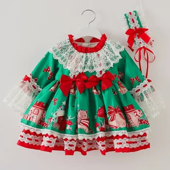 2Pcs v španskem Slogu Otroška Oblačila Božič Zelena Obleka Za Malčke Dekliška Xmas Party Frocks Dekle Lolita Princess Obleke Puhasto