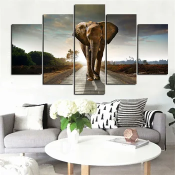 5Panel Tiskanja Afriki Slon Abstraktne Krajine Oljna slika na Platnu Art Živalskih Plakat Modularne Stene Sliko za dnevno Sobo