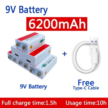 9V baterijo 6200mAh li-ionska Akumulatorska baterija Tip-C Baterija 9V USB litij-Multimeter za Mikrofon Igrača +USB kabel za polnjenje