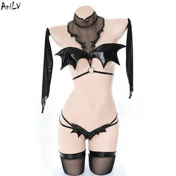 AniLV Halloween Bat Malo Hudič Bikini Kopalke Kostum Cosplay Ženske PU Usnje Seksi Krila, Perilo, Pižame Unifrom Set
