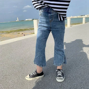 Baby Dekleta Traper Flare Hlače Strani Špranjske Skinny Jeans Korejskem Slogu Pomlad Jesen Otroci Oblačila Traper Hlače