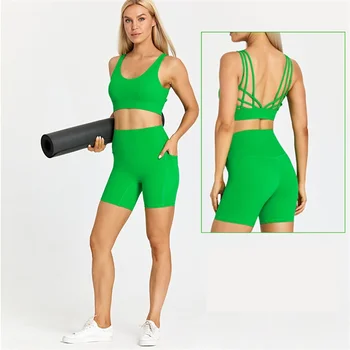 Barva Ženske Športni Obleko Visoko Pasu Vožnja Hlače za Fitnes Modrc 2pcs Kratek Legging Joga Set Telovadba Vaja Usposabljanja v Prsih Pad