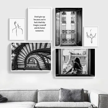 Black & White Okno Dekle Platno Stensko Nordijska Tiskanje Plakatov Povzetek Vrstice Za Risanje Umetnosti Slikarstva Inspiracijske Slike Doma Dekor