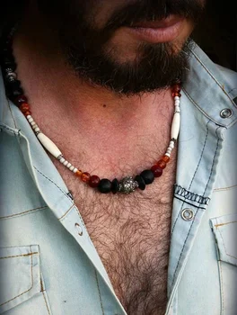 Bohemian mens Beaded bela ogrlica Mens ogrlica stekla kosti kroglice etnične čar mens ekološko nakit boho ogrlica