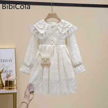 Dekleta Otroci Princesa Dolg Rokav Obleke Otrok Elegantno Cvet Stranka Tutu Pozimi Jeseni z vrečko Bele Čipke, Vezenine Obleko