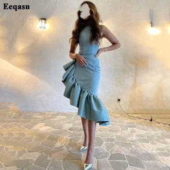 Eeqasn Modra Midi Večerne Obleke 2022 Tulec Asimetrični Ruffles Preprost Prom Oblačenja Formalno Stranko Halje Savdska Arabski Ženske Obleko
