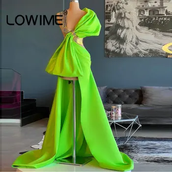Elegantna Neon Zelena in Zlata Kontrast Prom Obleke z Velikim Lokom Saten Asimetrični Seksi Dolgo Maturantski Halje, Ženske Stranka Obleko
