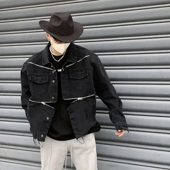 Evropski ulične zadrge mozaik Traper Suknjič Coats motorno kolo dirke suknjič techwear moških oblačil jaqueta masculina