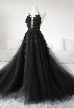 Gothic Poročno Obleko Seksi Zajela Izrez Črno Til 3D Cvetlični Odklon Steznik Poročne Poročni Obleki Ženske Večer Prom Obleke