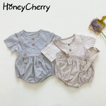 HoneyCherry Baby Poletje Kratka sleeved Majica + Kombinezon Komplet Dojenček Fant Oblačila, ki Baby Girl Obleke