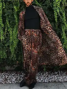 INCERUN Moda za Moške Določa Leopard Tiskanja Svoboden Dolg Rokav Odprite Šiv Jopico & Hlače 2PCS Ulične 2022 Moških Priložnostne Obleke 5XL