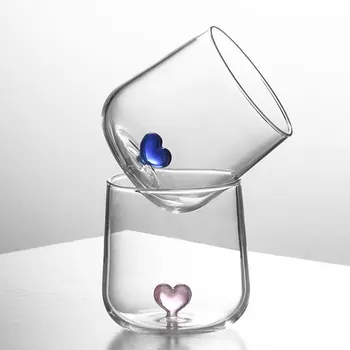 Ins Vroče 350mlBorosilicate Kozarec Vode Pokal Roza Modra Srce Oblika Dnu Mleko, Sok Pijače Očala