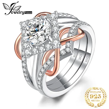 JewelryPalace 2 Kos 925 Sterling Srebro Rose Zlata Poroka Zaročni Prstan za Žensko 1.3 ct AAAAA CZ Simulirani Diamantni Poročni Kompleti