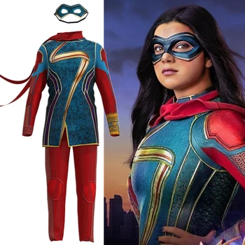 Kamala Khan Cosplay Kostum Film Superheroj Odrasli Otroci Enotno Halloween Party Vrh Hlače Oči Masko Obleko