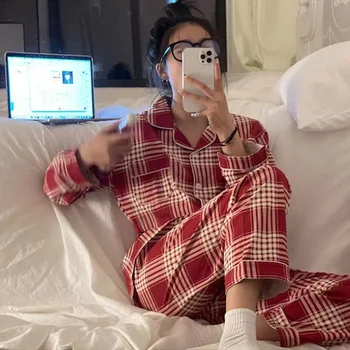Kariran Božič Pižamo Ženske Korejski Sleepwear Jeseni Pijamas Lepe Obleke Pižame 2 Kos Hlače Določa Loungewear Pj Obleko