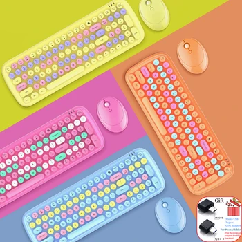 Kawaii Candy Barve Brezžično Tipkovnico, Miško Glavnik 2.4 G USB Krog Punk Tipkovnico in Optične Miške Nastavitev Za Računalnik Home Office