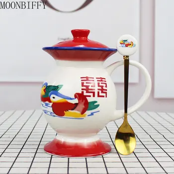 Keramični Smešno Pokal Kitajski Slog Dvojno Srečo Mandarin Raca Pokal Poročno Darilo Nostalgično Retro Vrč Ustvarjalne Vode Pokal