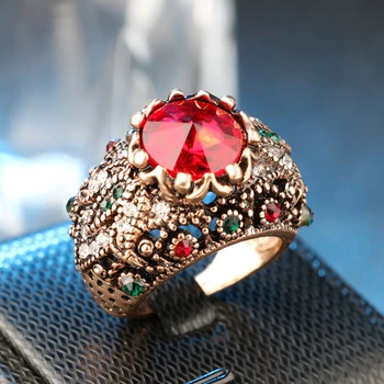 Kinel Red Sat Kamen Obroči Za Ženske Barve Stari Zlato Vintage Nakit Crystal Ring Ljubezen Darilo
