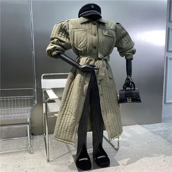 Korejski 2022 Nove Jesensko Zimske Oblikovalec Svoboden Bombaž-oblazinjena Oblačila Prugasta Ženske beloprsi Singl Dolgo Jakno, Plašč S pasom