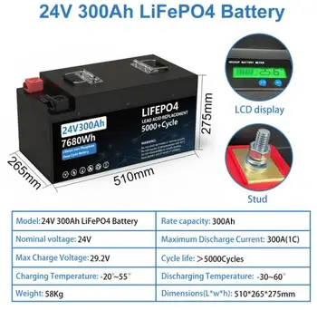 LiFePO4 litijevo baterijo, 24V, 200Ah,240Ah,300Ah, 5KW, veliko baterija, 4000+BMS integracije, morske kolesa, camper