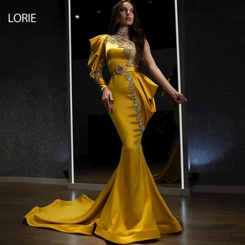 LORIE arabski Večerne Obleke 2021 Eno Pleče Dolgo Rokav Saten Beaded morska deklica Maturantski Halje Luxury Gold Slaven Stranke Obleke
