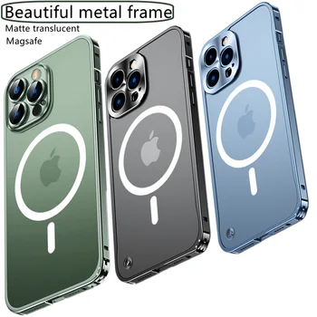 Luksuzni Kovinski Okvir Mat Primeru za IPhone 13 12 11 Pro Max Mini Magsafe Kritje Brezžično Polnjenje Pregleden Primeru Mobilni Telefon