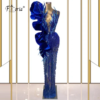 Luksuzni Oblikovalec Kraljevsko Modra Večerno Obleko Appliques V Vratu Morska Deklica Pageant Obleke Couture Dubaj Dolgo Prom Obleke Haljo De Soiree