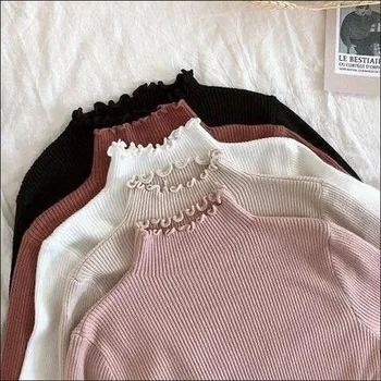 Moda joker ženske dno, vrh, turtleneck ruffle pulover ženske pletene ruffle pulover elastična navaden seksi jesen/zima 2021