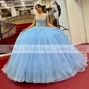 Modro nebo, Princesa Žogo Halje Quinceanera obleke Za Sweet 16 Dekleta Appliques Kroglice Sequined 15 Rojstni dan Halje vestidos de fiesta