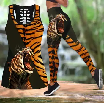 Močno Kričal Tiger 3D Tiskanih Votlih Tank Top & Leggings Komplet za Fitnes Ženske Celotno Dolžino Gamaše, ki Teče Hlače DDK61