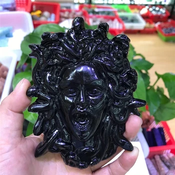 Naravni Kristal, Ročno Izrezljano Obsidian Medusa Glavo Kiparstvo Zdravljenje Obrti Za Wicca Dekoracijo