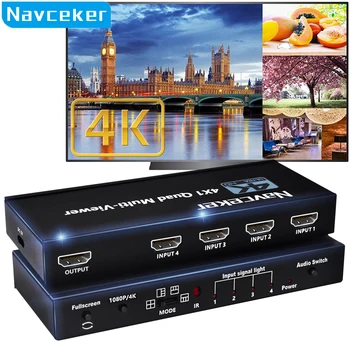 Navceker KVM HDMI je združljiv Multiviewer 4K 4 V 1 Izhod, 1080P Quad Zaslon Multi Viewer HDMI Multi-Pregledovalnik Brezhibno Stikalo z IR