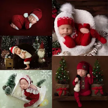 Novorojenček Fotografija Rekviziti Baby Romper Jumpsuit Božični Klobuk Fotografija Odejo Obloge Foto Studio Poganjki Dodatki