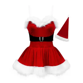 Odrasle Ženske Red Xmas Obleko s Pasom Hat Sexy Božični Kostumi Seksi Božiček Kostum Počitnice Cosplay Kostumi