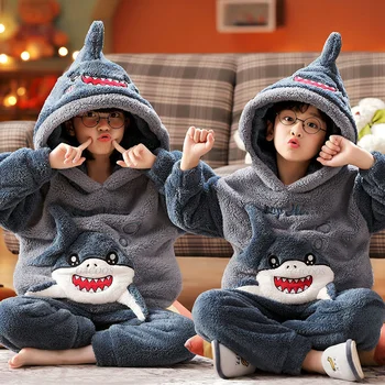 Otroška morski Pes Pižame Otroci Anime Pozimi Zgostitev Pajama Kompleti Za Najstnik Koralni Hooded Runo Sleepwear Mehko Toplo Srčkan Pijamas
