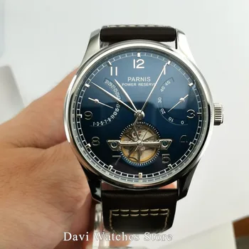 Parnis watch ura 43mm Modra številčnica srebrne nerjavnega jekla primeru Rezerve Moči Avtomatsko gibanje mens Watch