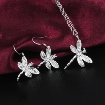 Posebna ponudba modnih Stranka poročni Nakit set 925 Žig Srebrno barvo Kristalno dragonfly ogrlico, obesek, uhani za Ženske