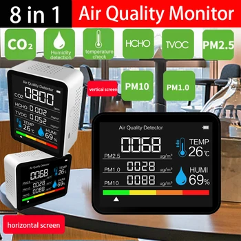 Prenosni 8 V 1 CO2 Digitalni Merilnik Temperature in Vlažnosti Tester Ogljikovega Dioksida TVOC HCHO PM2.5 PM1.0 Detektor Kakovosti Zraka Monitor