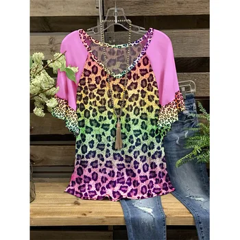Prevelik Vrh Ženske 3D Leopard Tiskanja Natisnjeni T-Shirt Svoboden Ruffle Proti-Vrat Kratek Rokav Priložnostne T-Shirt Poletne Ulične