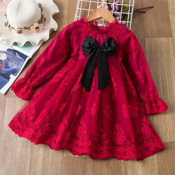Rdeča Dolg Rokav Otroci Spadajo Oblačila, Vezenje Eleganten Zimski Dekleta Princesa Stranka Obleke Čipke Oblačila za Otroke od 3 do 8 Let