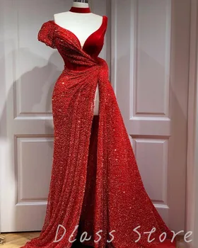 Rdeča Kratkimi Dubaj Večerne Obleke Dolg Luksuzni 2022 Arabske Afrike Sodobno Visoko Split Sequins Saten Prom Stranka Halje Plus Velikost