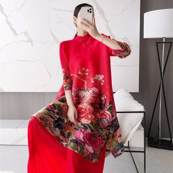 Rdeča retro Kitajski veter nabrano obleko 2022 pomlad nov modni temperament svoboden velikosti zastave tričetrt rokav obleka
