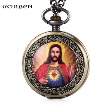 Retro Božji Sin Jezus Portret žepna ura Mens Srce In Križ, Klasično Verske Christian Katolištvo Vere Ure Darilni Set