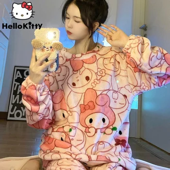 Sanrio Moja Melodija Pochacoo Kuromi Risanka Kawaii Sladko Bombaž Prevelik Koralni Žamet Ženske Jeseni, Pozimi Sleepwear Pižamo Obleke